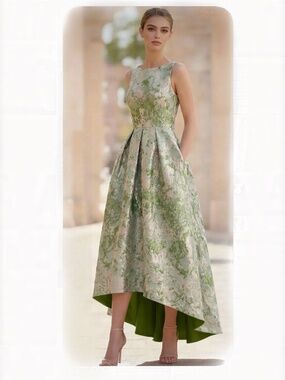 Elegant Green Floral High-Low Wedding Dress